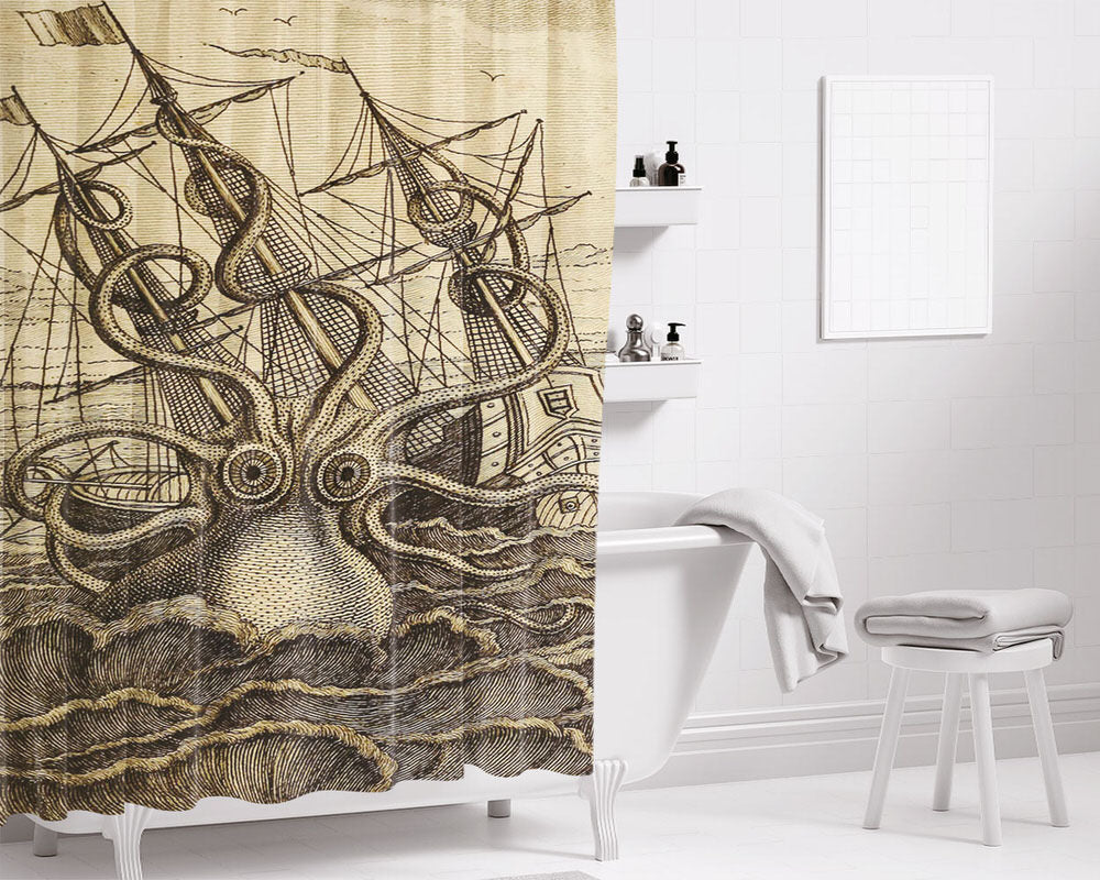 Kraken Attack The Ship Illustration Art Bathroom Shower Curtain Fabric Waterproof | 66 X 72 Inch
