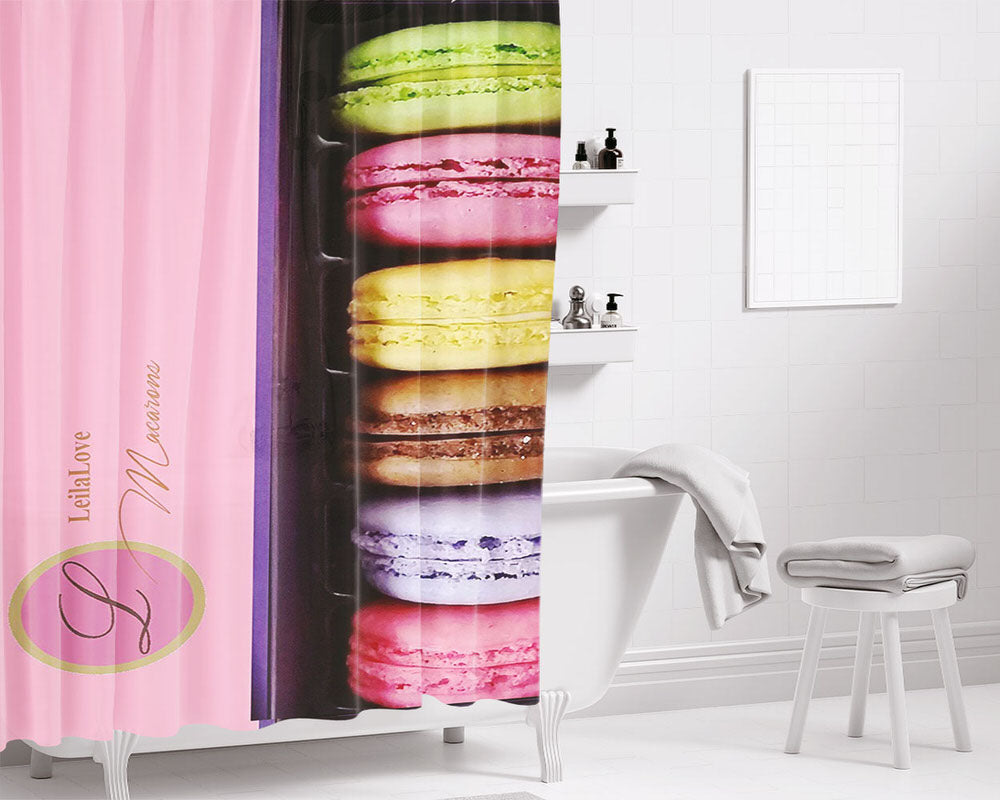 Leilalove Mini Macaron Collection Fine Paris Cafe Flavor Bathroom Shower Curtain Fabric Waterproof | 66 X 72 Inch