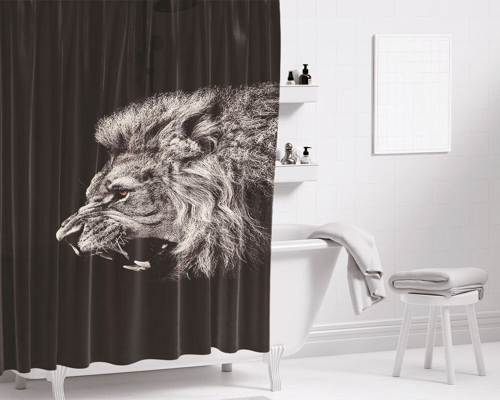 Lion Black Amoled Bathroom Shower Curtain Fabric Waterproof | 66 X 72 Inch