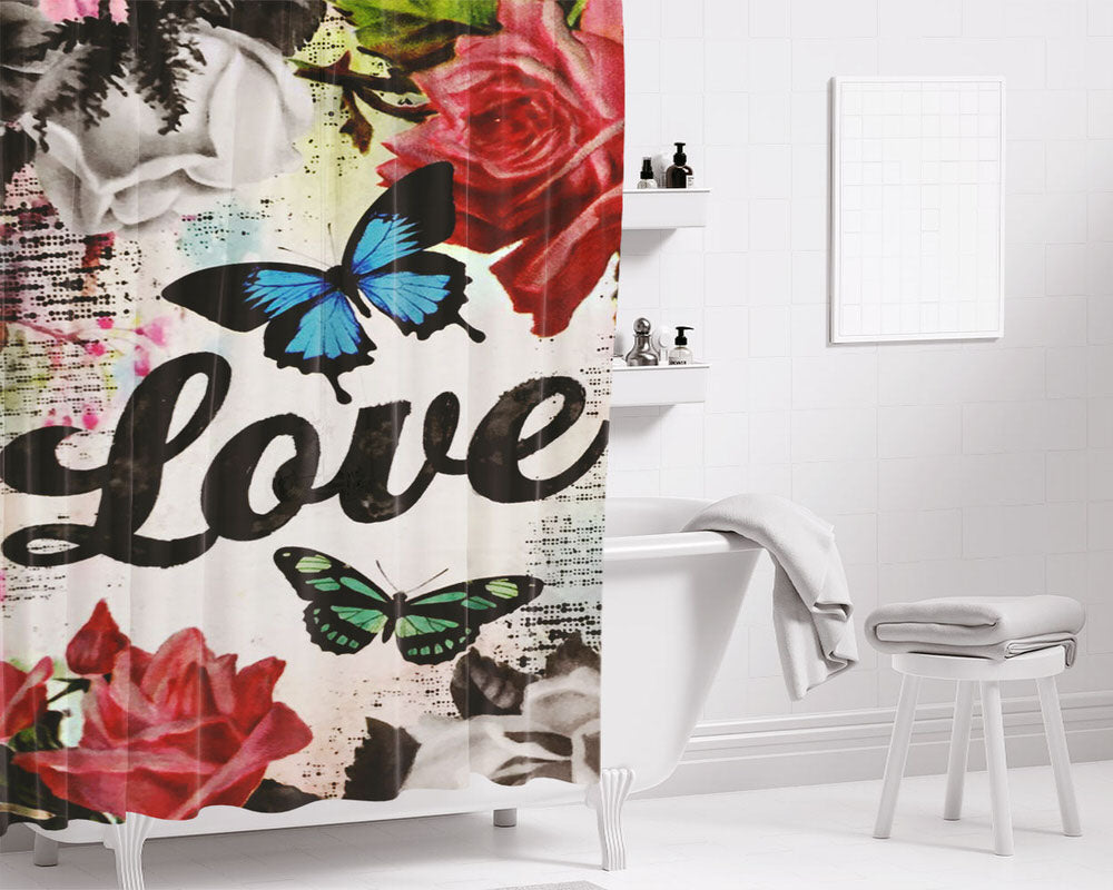 Love Butterflies Bathroom Shower Curtain Fabric Waterproof | 66 X 72 Inch