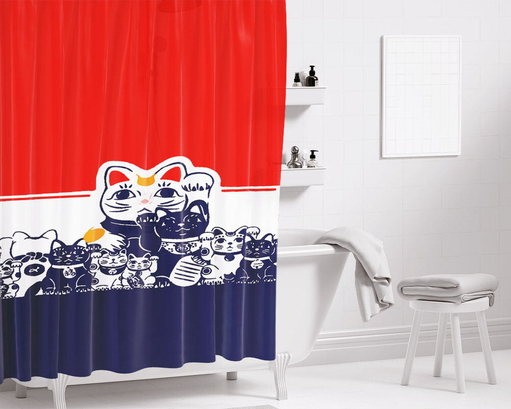Maneki Neko Bathroom Shower Curtain Fabric Waterproof | 66 X 72 Inch