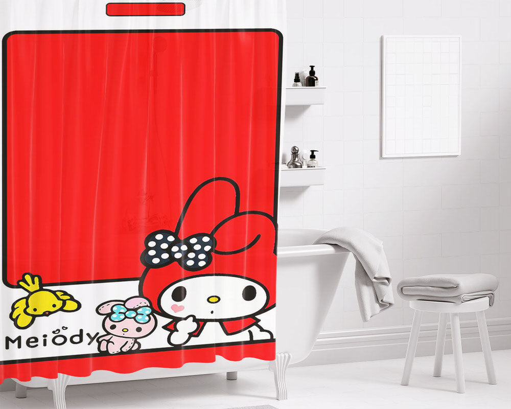 Melody Kitty Red Bathroom Shower Curtain Fabric Waterproof | 66 X 72 Inch