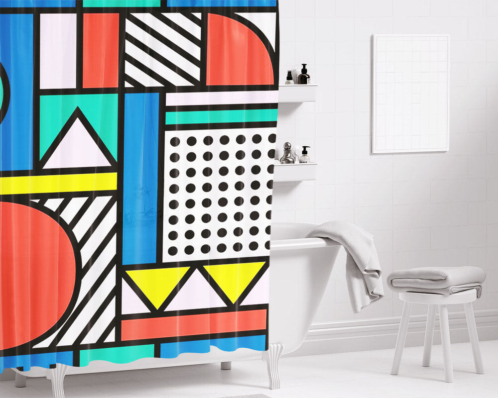 Memphis Color Block Bathroom Shower Curtain Fabric Waterproof | 66 X 72 Inch
