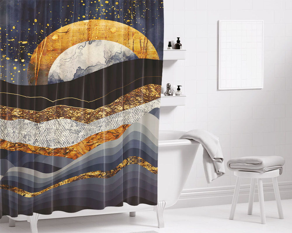 Metallic Mountains Bathroom Shower Curtain Fabric Waterproof | 66 X 72 Inch