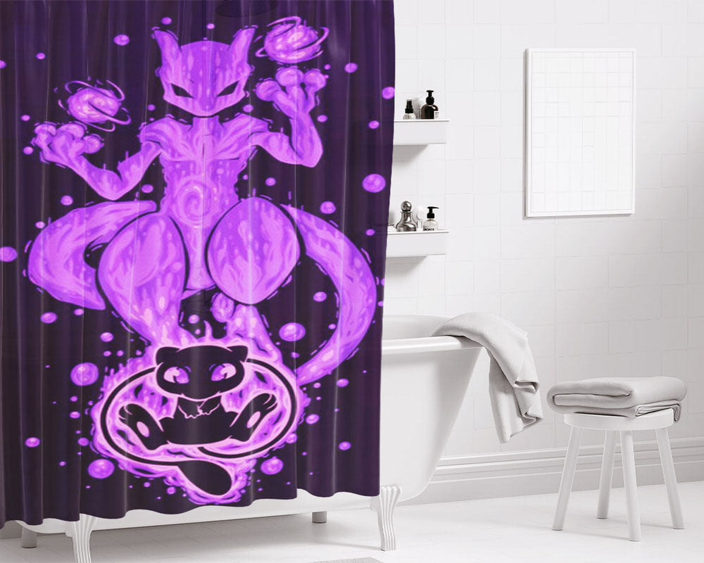 Mewtwo Art Illustrations Purple Artworks Wallpapers Bathroom Shower Curtain Fabric Waterproof | 66 X 72 Inch