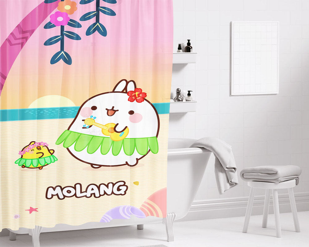 Molang And Piu-Piu On The Beach Bathroom Shower Curtain Fabric Waterproof | 66 X 72 Inch