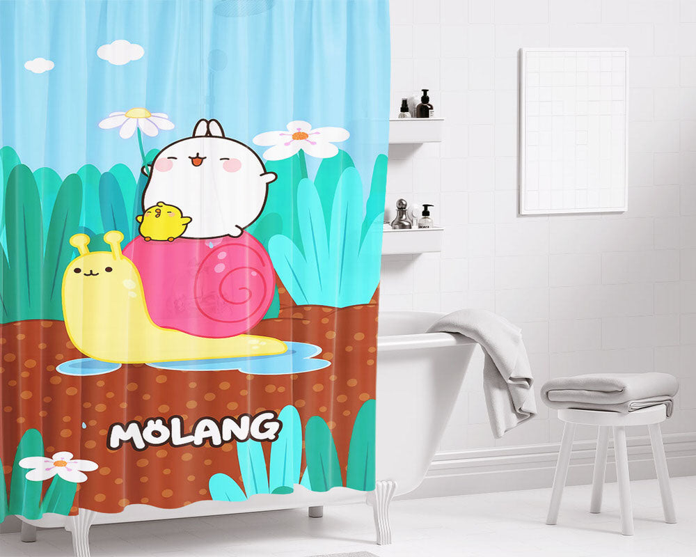 Molang And Piu-Piu Ride A Snail Bathroom Shower Curtain Fabric Waterproof | 66 X 72 Inch