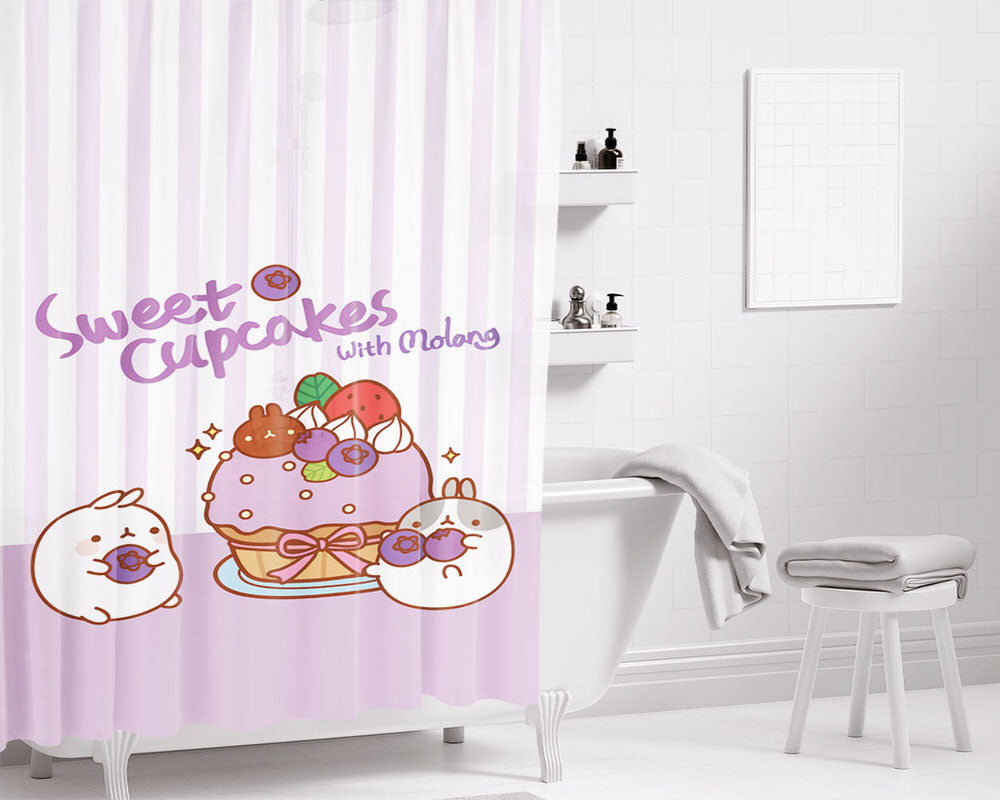 Molang Sweet Cupcakes Purple Bathroom Shower Curtain Fabric Waterproof | 66 X 72 Inch