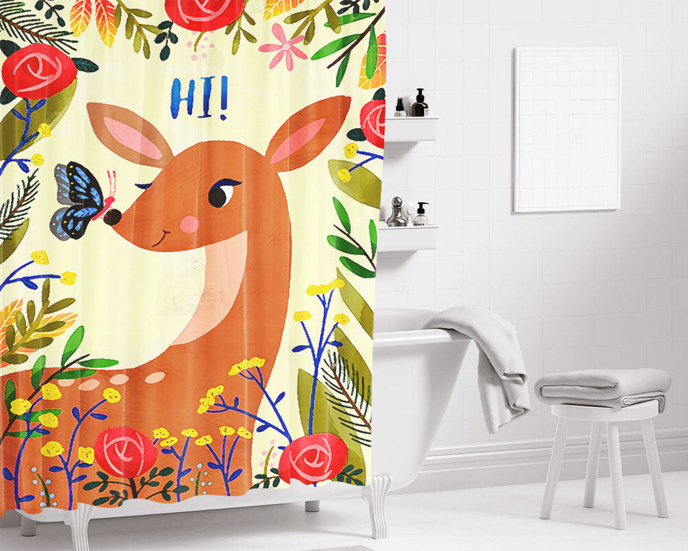 Mouse Deer In The Garden Bathroom Shower Curtain Fabric Waterproof | 66 X 72 Inch