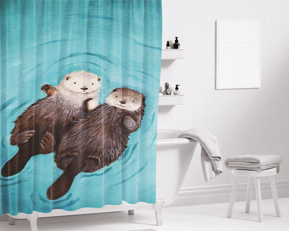 Otter Romantic Swim Bathroom Shower Curtain Fabric Waterproof | 66 X 72 Inch