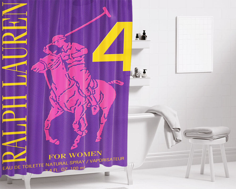 Polo Ralph Lauren Big Pony 4 Orange Parfume Bathroom Shower Curtain Fabric Waterproof | 66 X 72 Inch