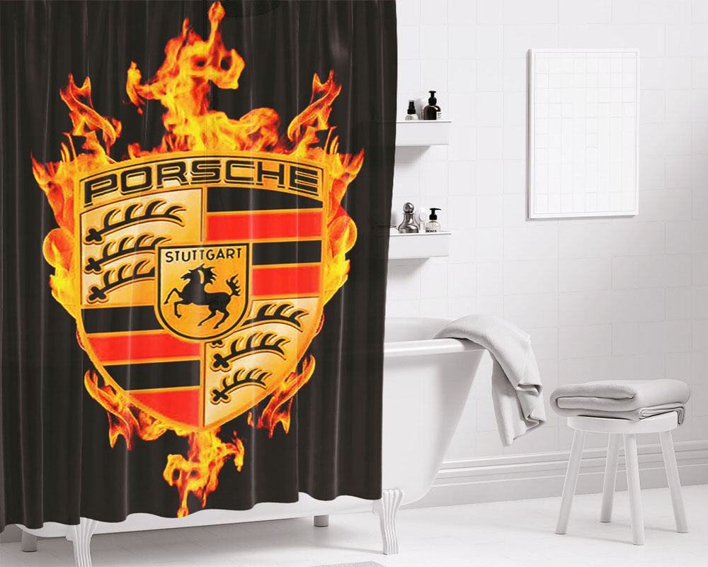 Porsche Logo Carbon Bathroom Shower Curtain Fabric Waterproof | 66 X 72 Inch