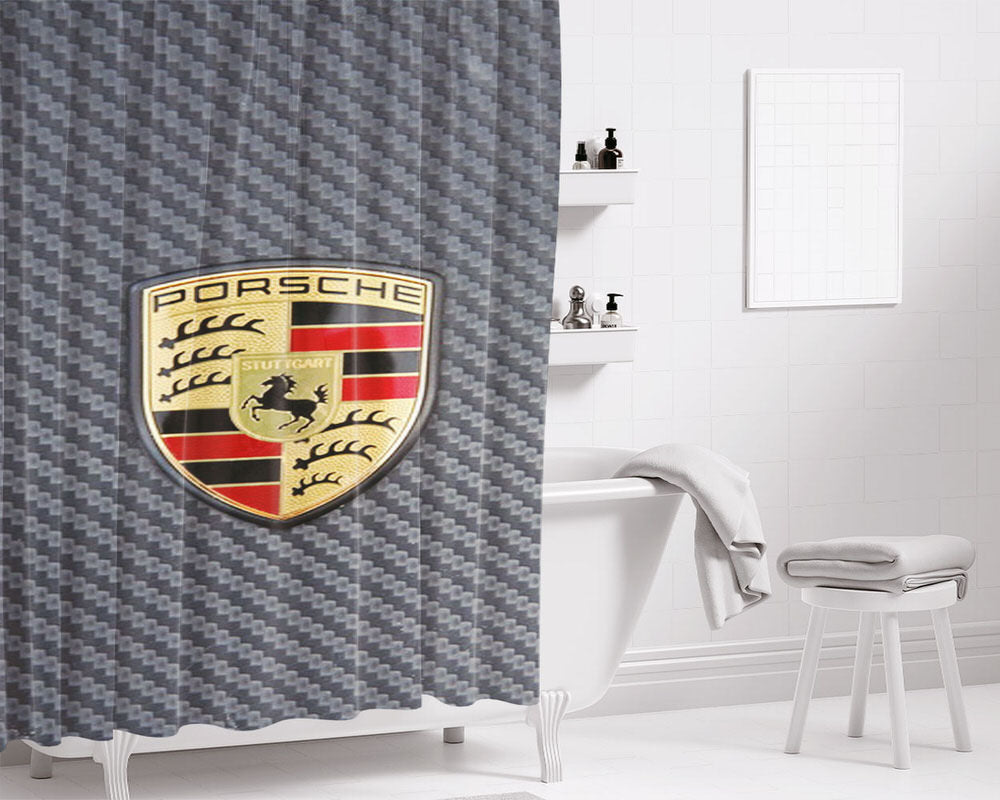 Porsche Logo Emblem Car Illustration Art Dark Bathroom Shower Curtain Fabric Waterproof | 66 X 72 Inch