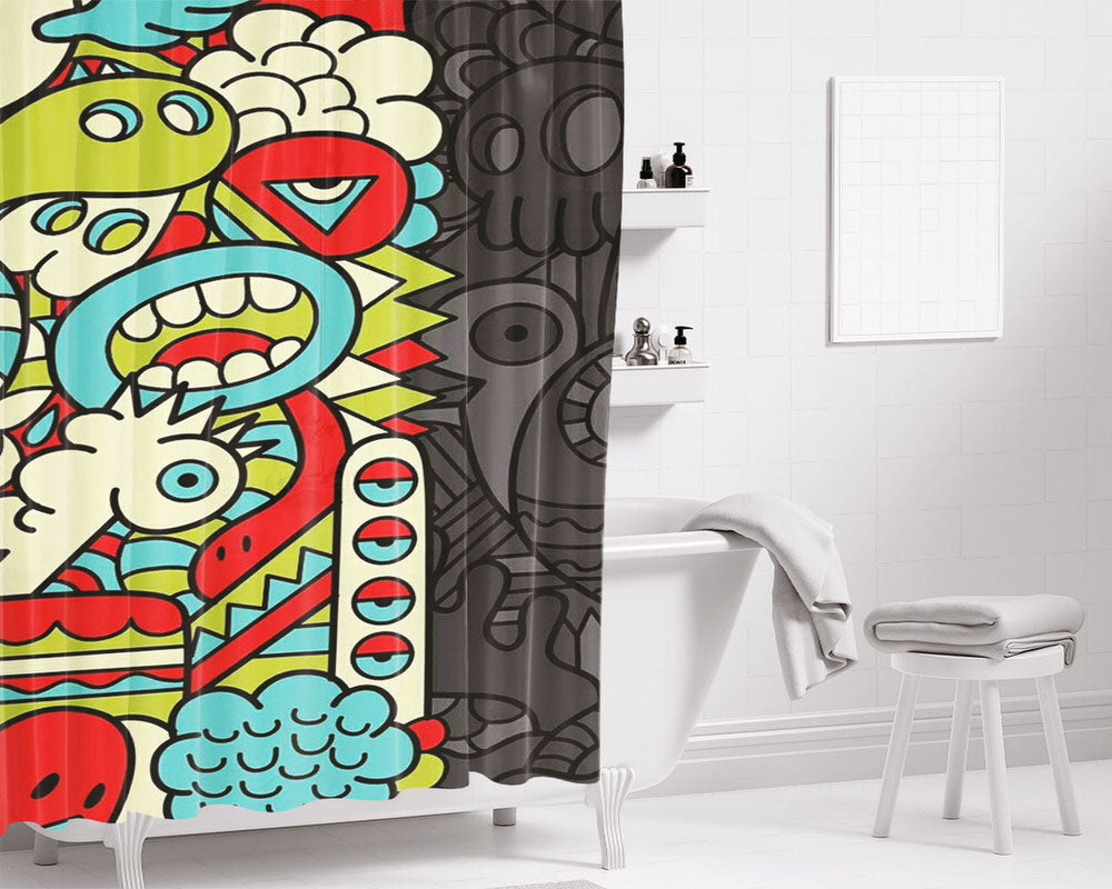 Skull Doodle Colour And Bw Bathroom Shower Curtain Fabric Waterproof | 66 X 72 Inch
