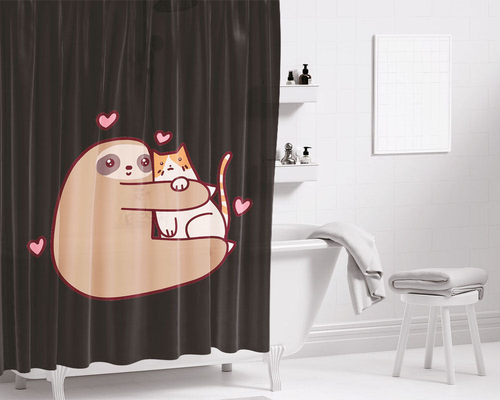 Sloth Loves Cat Bathroom Shower Curtain Fabric Waterproof | 66 X 72 Inch