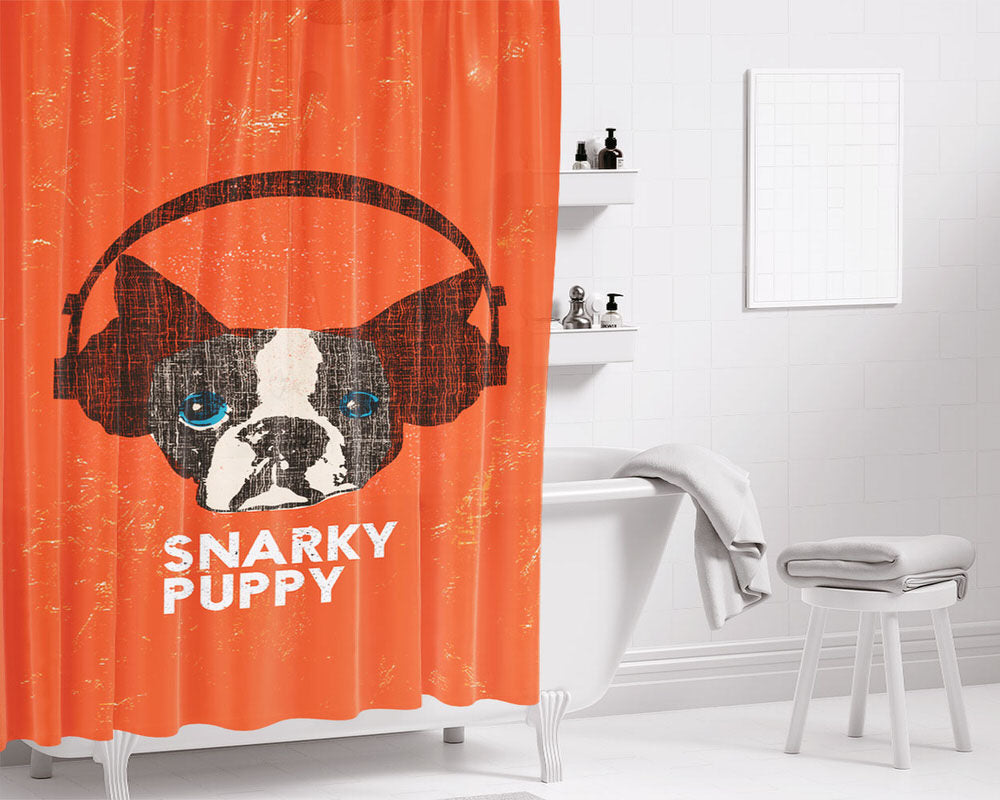 Snarky Puppy With Headset Grunge Bathroom Shower Curtain Fabric Waterproof | 66 X 72 Inch