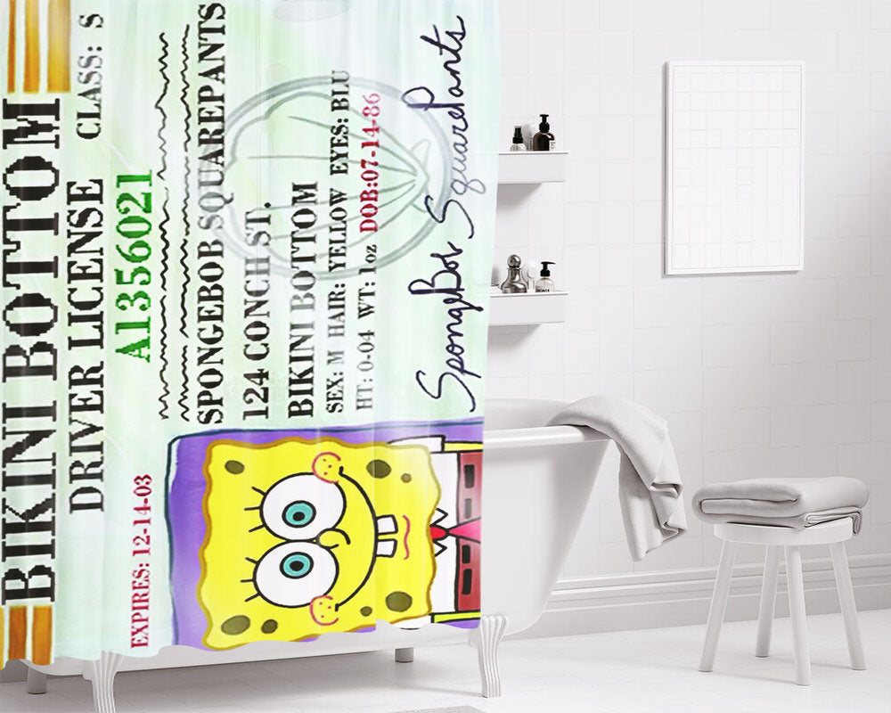 Sponge Bob Driving License Bathroom Shower Curtain Fabric Waterproof | 66 X 72 Inch
