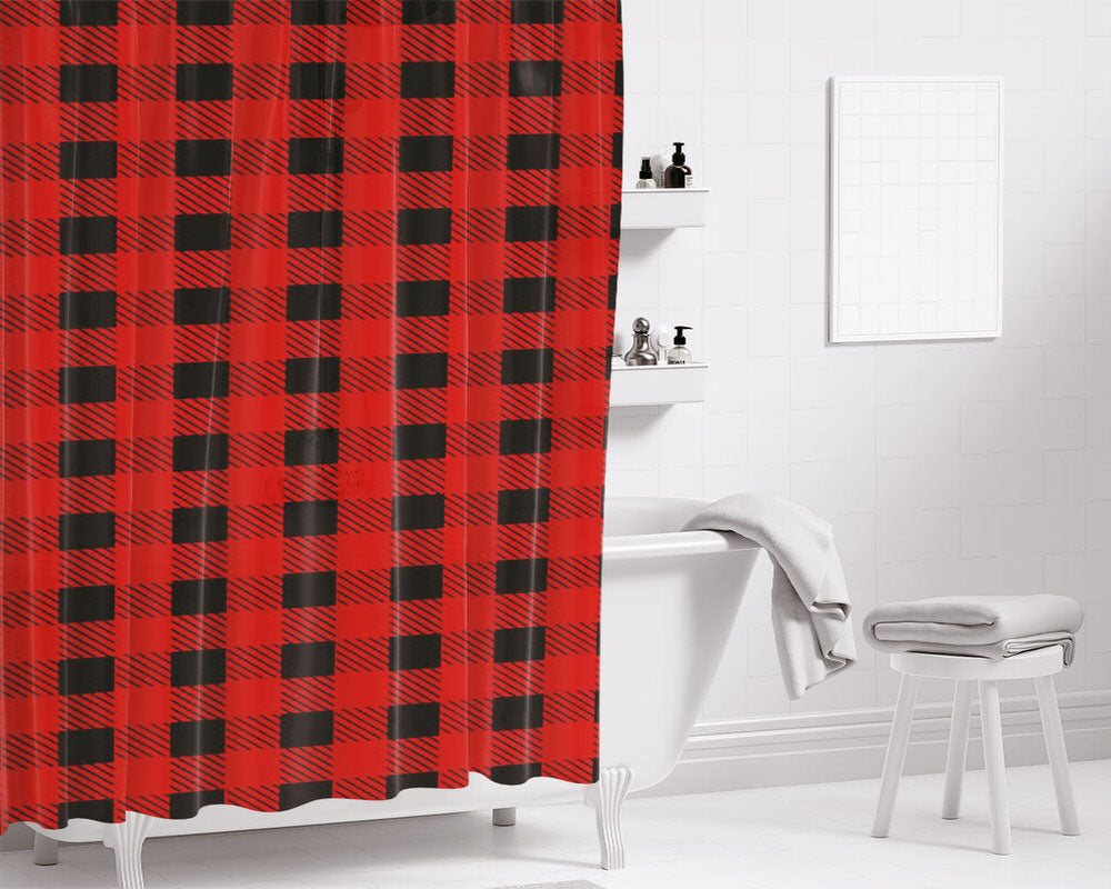 Square Red Black Bathroom Shower Curtain Fabric Waterproof | 66 X 72 Inch