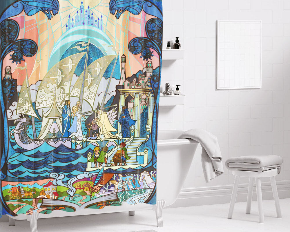 Stained Glass Inspired Art Grey Havens Middle Earth Elves Bathroom Shower Curtain Fabric Waterproof | 66 X 72 Inch