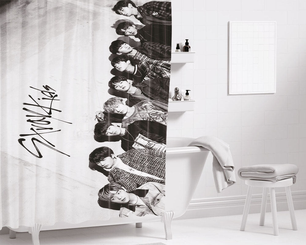 Stray Kids Black And White Wallpaper Bathroom Shower Curtain Fabric Waterproof | 66 X 72 Inch
