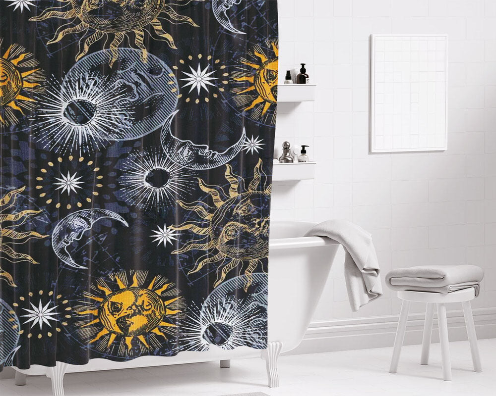 Sun Moon And Stars Silver Charm Bathroom Shower Curtain Fabric Waterproof | 66 X 72 Inch