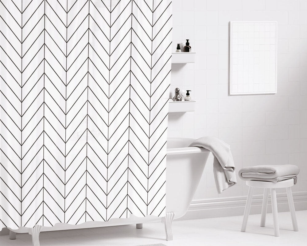 Twin Peaks Chevron White Bathroom Shower Curtain Fabric Waterproof | 66 X 72 Inch