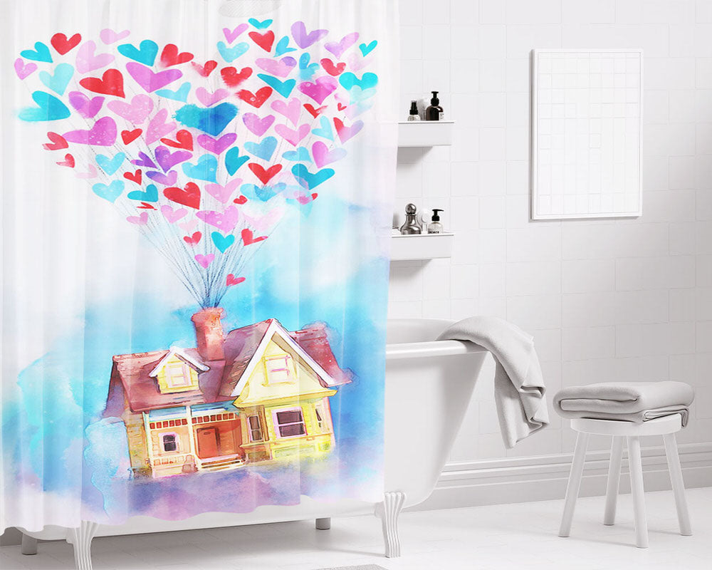 Up Home Heart Balloons Bathroom Shower Curtain Fabric Waterproof | 66 X 72 Inch
