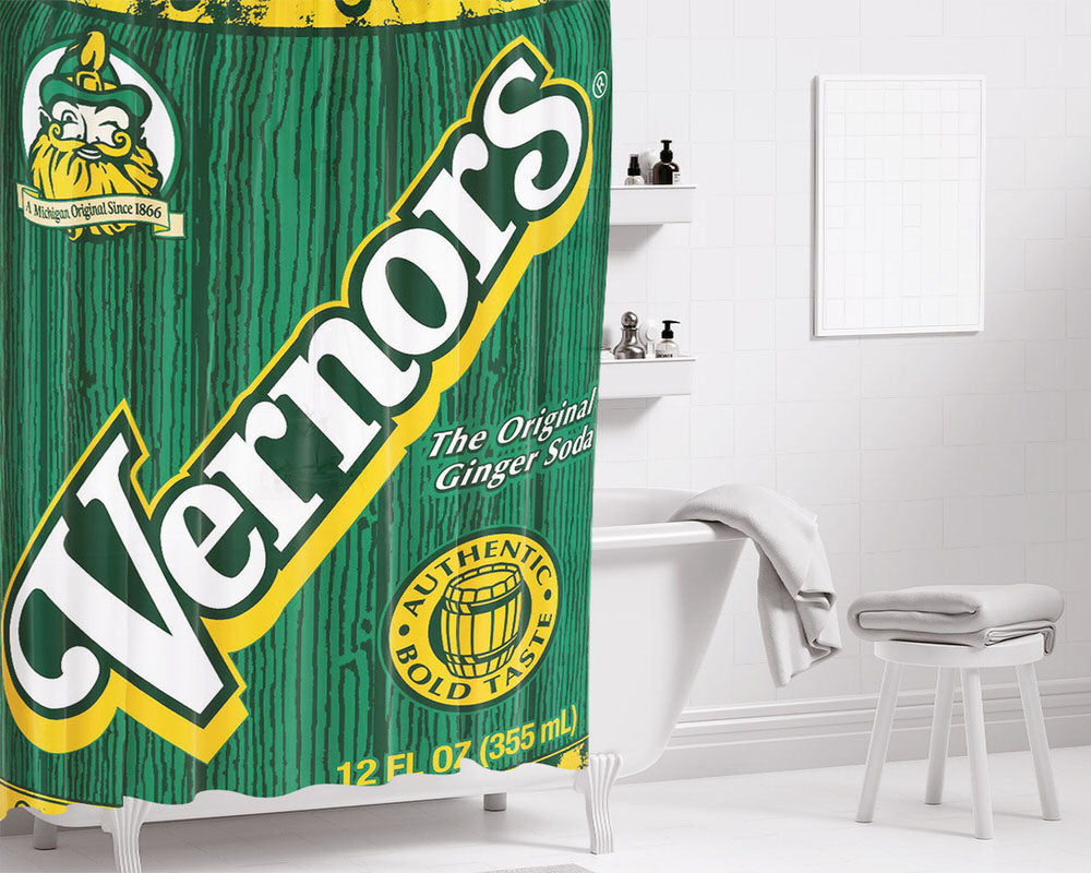 Vernors Original Ginger Soda Cans Bathroom Shower Curtain Fabric Waterproof | 66 X 72 Inch