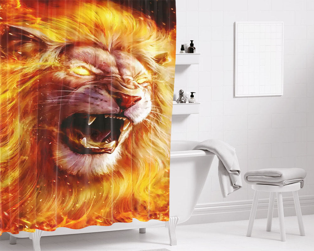 Warrior Lion Fire Bathroom Shower Curtain Fabric Waterproof | 66 X 72 Inch