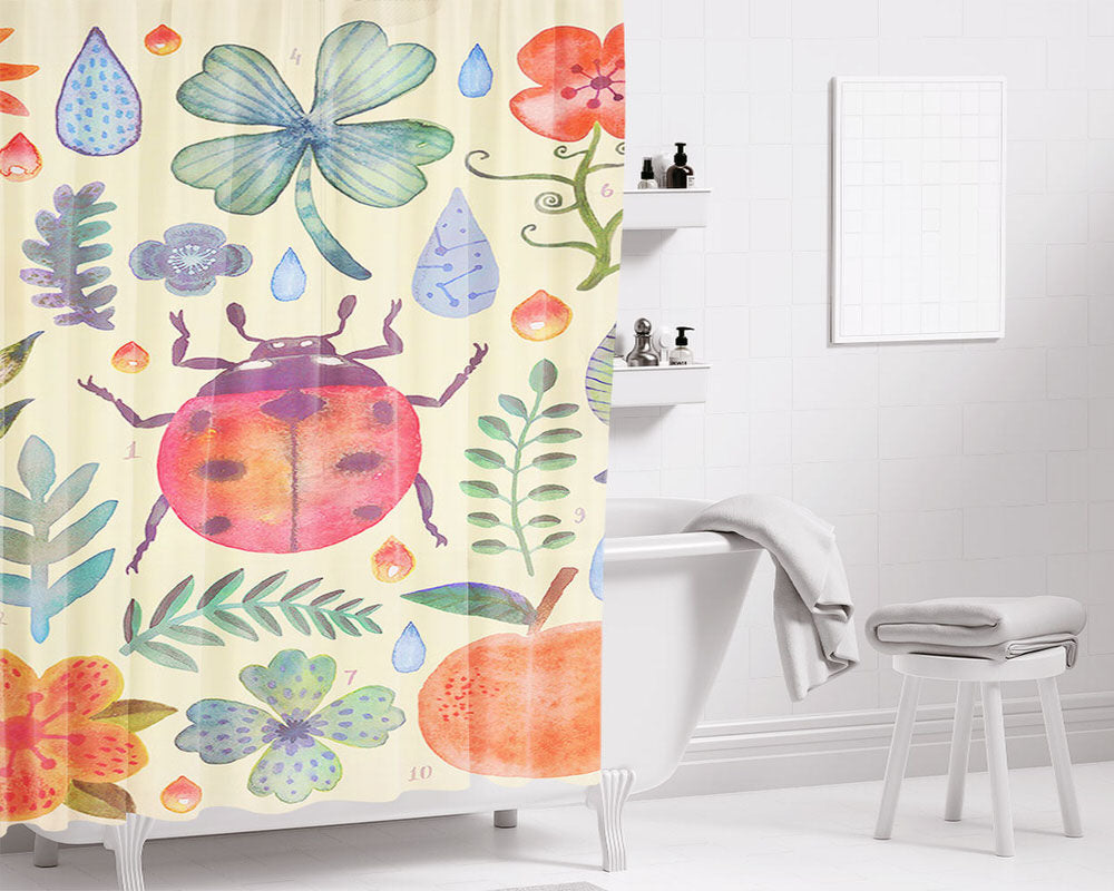 Water Color Insect Bathroom Shower Curtain Fabric Waterproof | 66 X 72 Inch