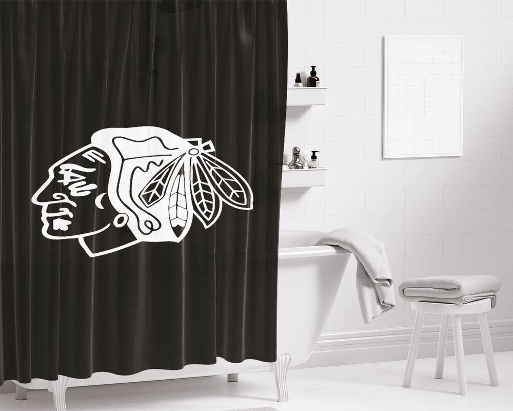White Black Chicago Blackhawks Logo Bathroom Shower Curtain Fabric Waterproof | 66 X 72 Inch