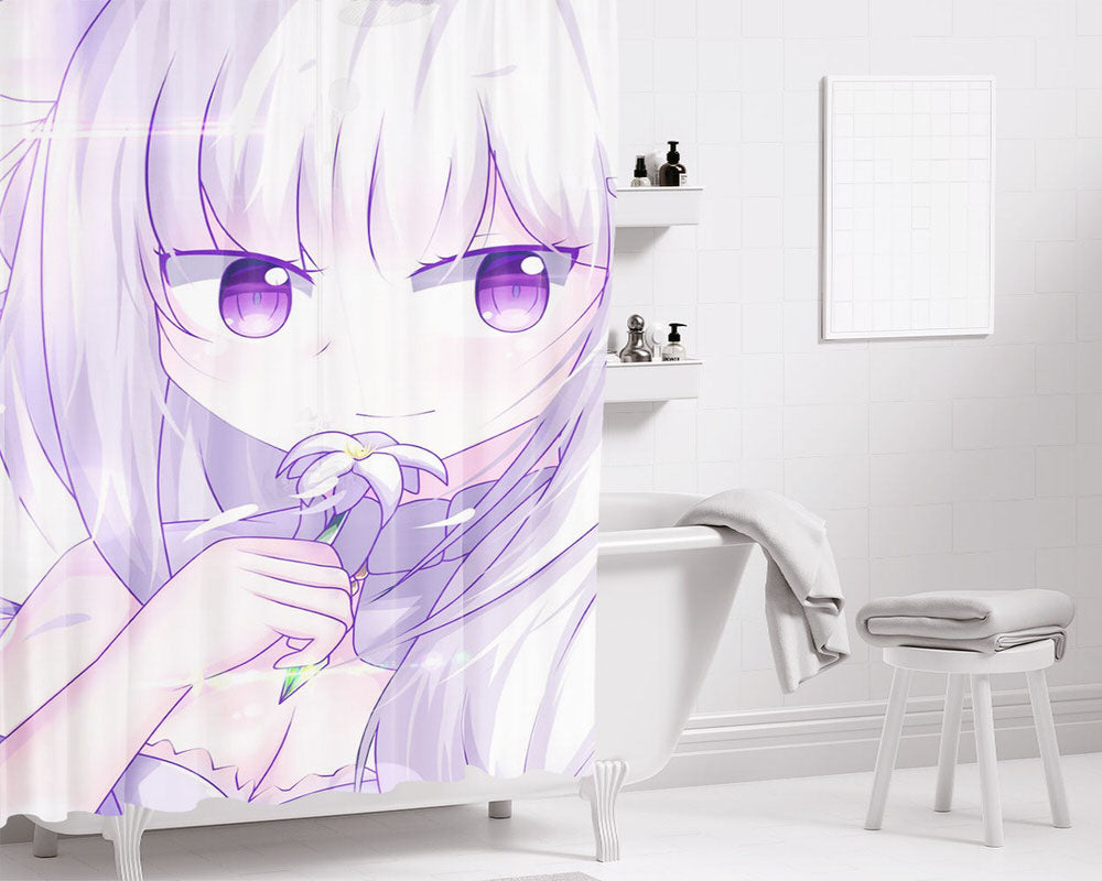 White Hair Re-Zero Emilia Bathroom Shower Curtain Fabric Waterproof | 66 X 72 Inch