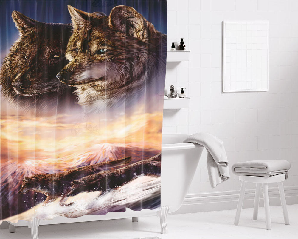 Wolve Couple Bathroom Shower Curtain Fabric Waterproof | 66 X 72 Inch