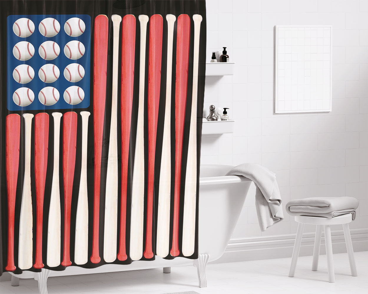 Baseball Bats & Balls Bathroom Shower Curtain Fabric Waterproof | 66 X 72 Inch