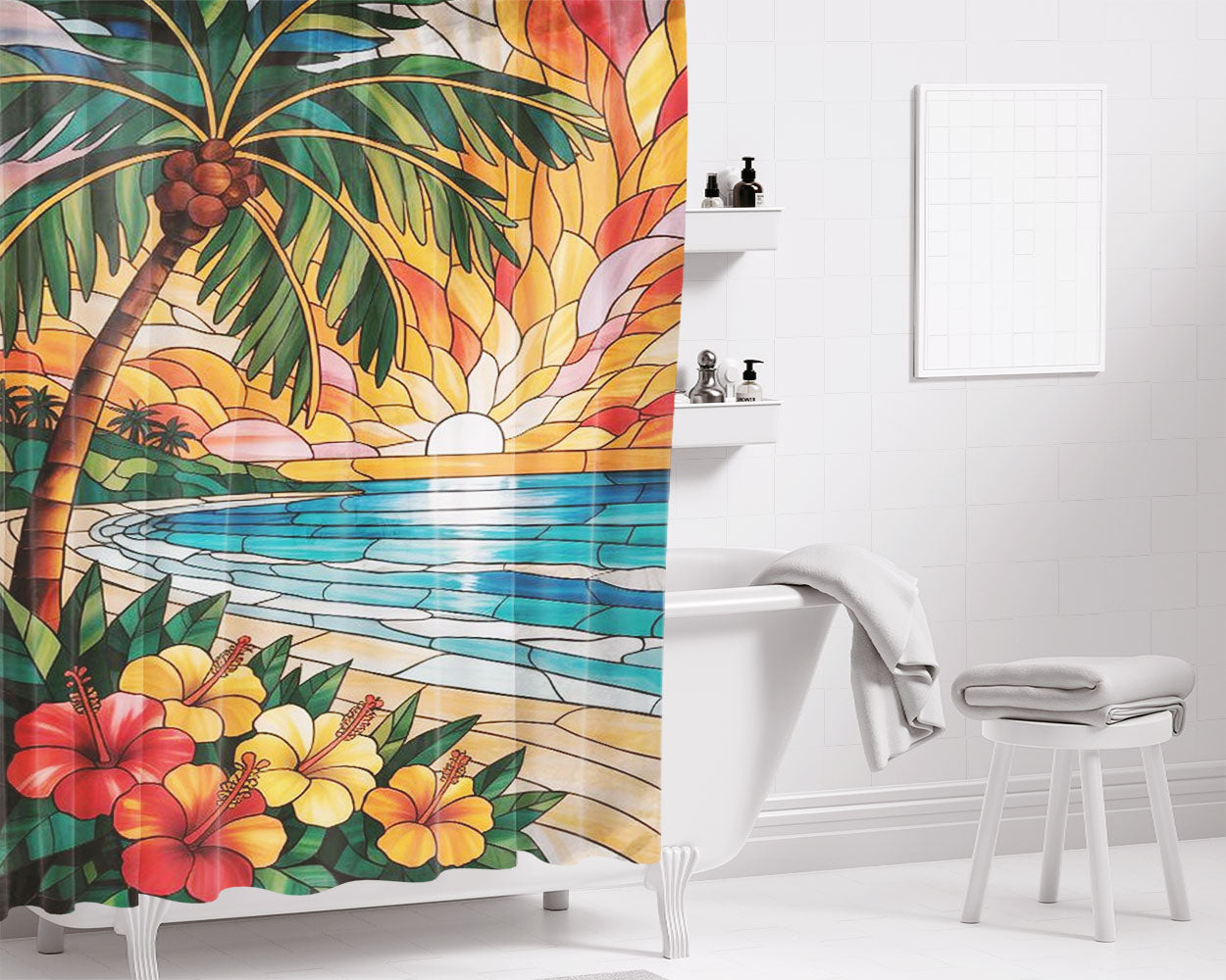 Beach Scene Tropical Palm Tree Bathroom Shower Curtain Fabric Waterproof | 66 X 72 Inch