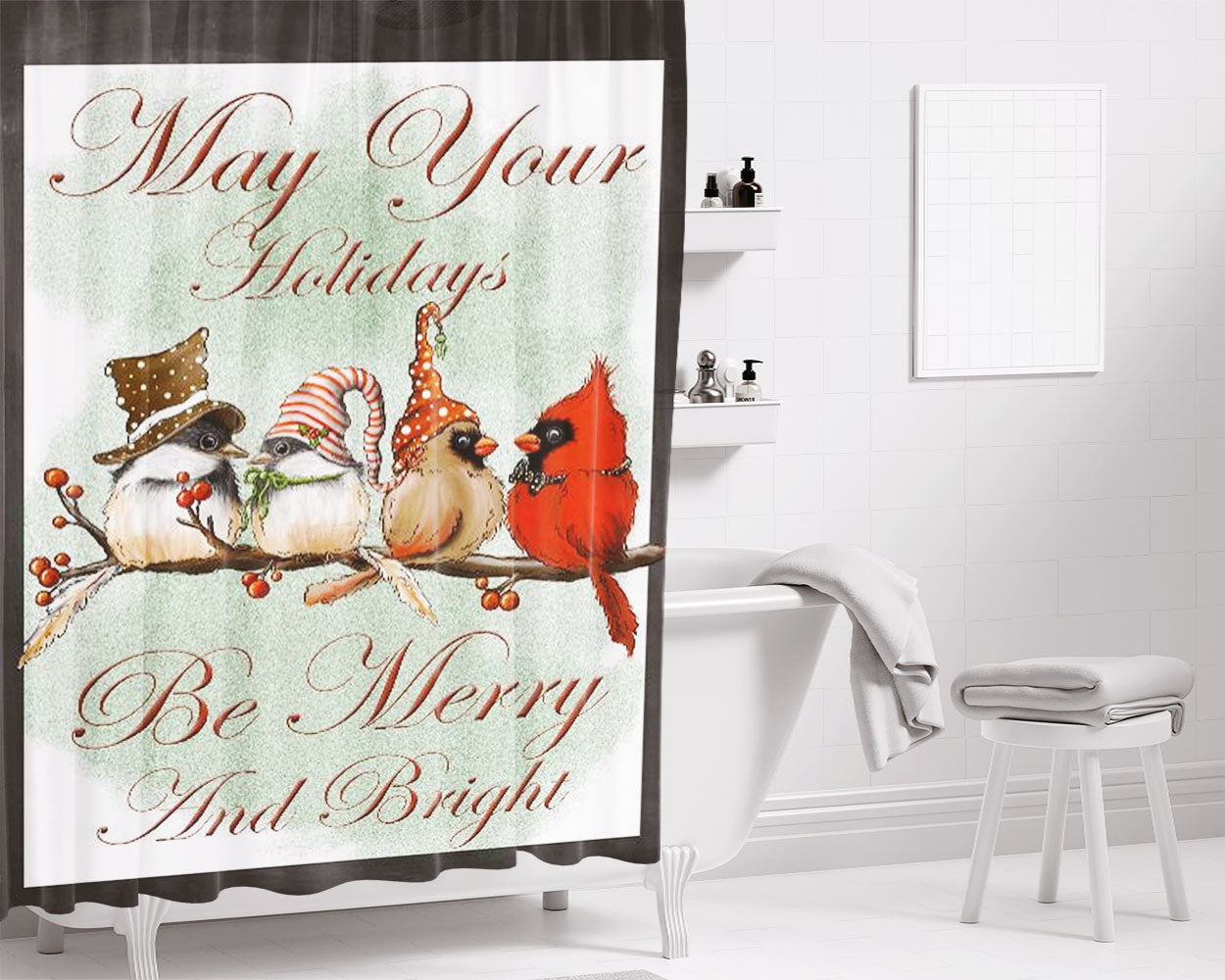 Birds On Branch Merry And Bright Bathroom Shower Curtain Fabric Waterproof | 66 X 72 Inch
