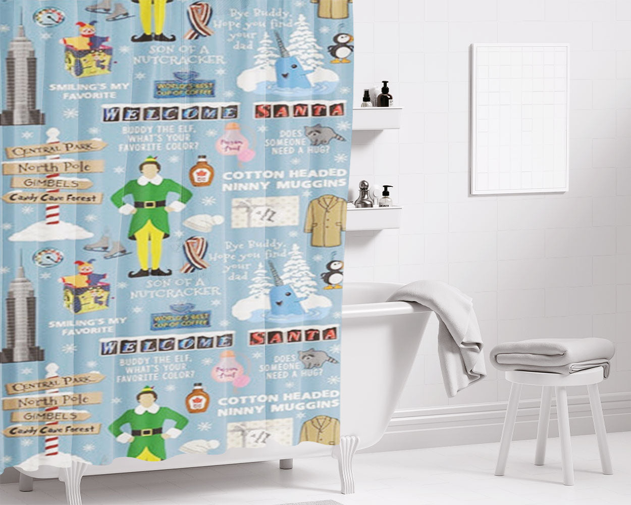 Blue Buddy The Elf Pattern Bathroom Shower Curtain Fabric Waterproof | 66 X 72 Inch