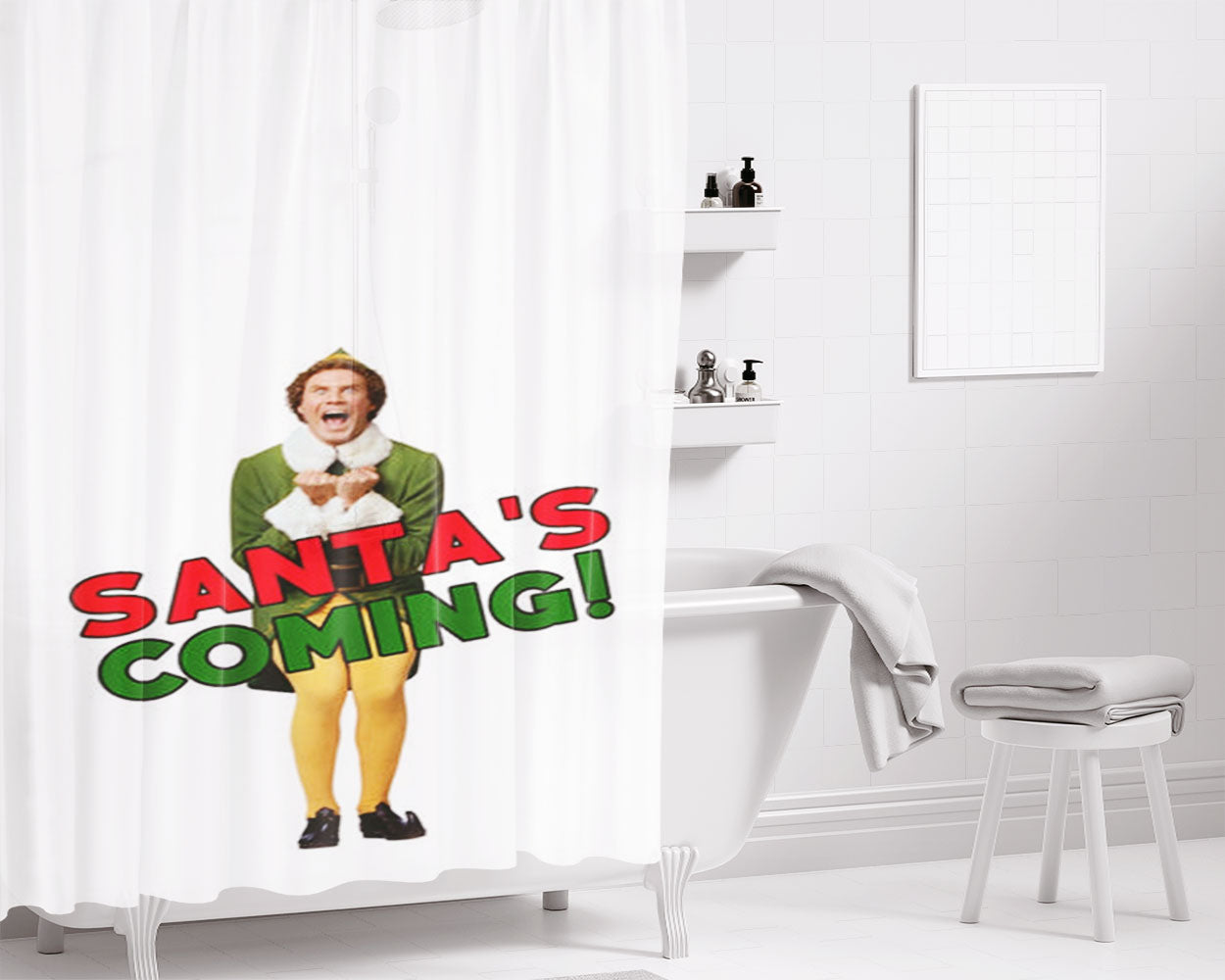 Buddy The Elf - Santa'S Coming Bathroom Shower Curtain Fabric Waterproof | 66 X 72 Inch