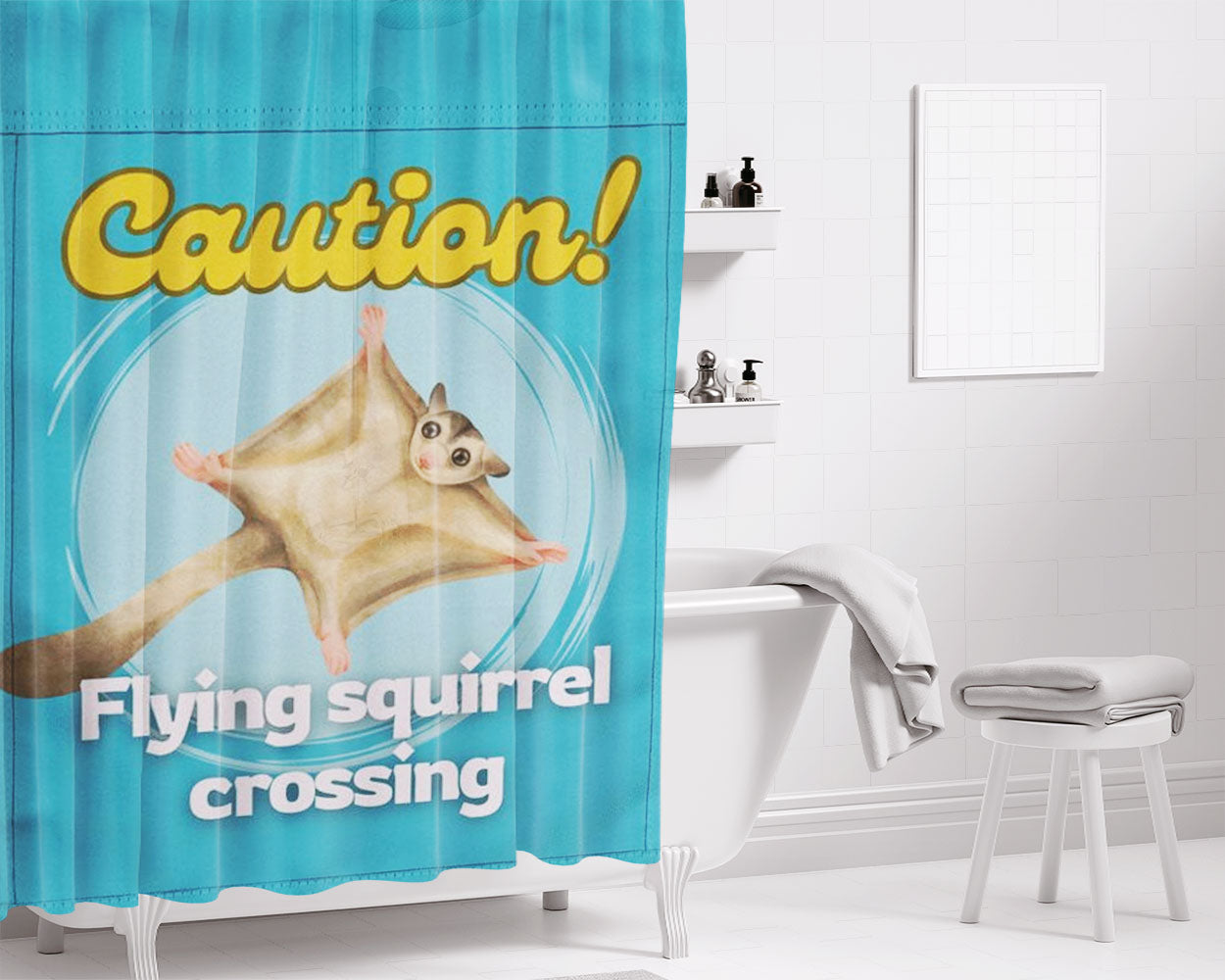 Caution Flying Squirrel Crossing Bathroom Shower Curtain Fabric Waterproof | 66 X 72 Inch
