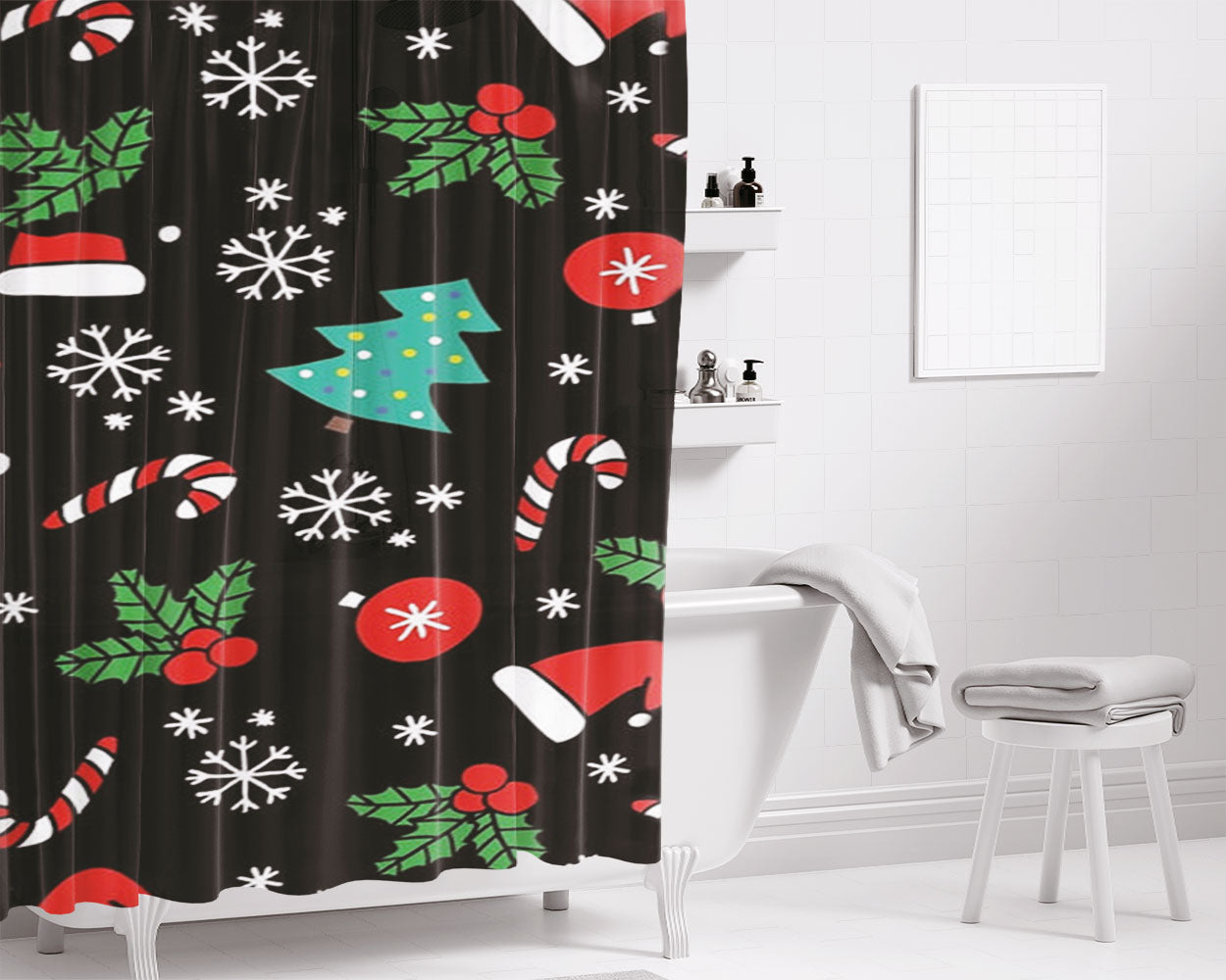 Christmas Objects Pattern Bathroom Shower Curtain Fabric Waterproof | 66 X 72 Inch
