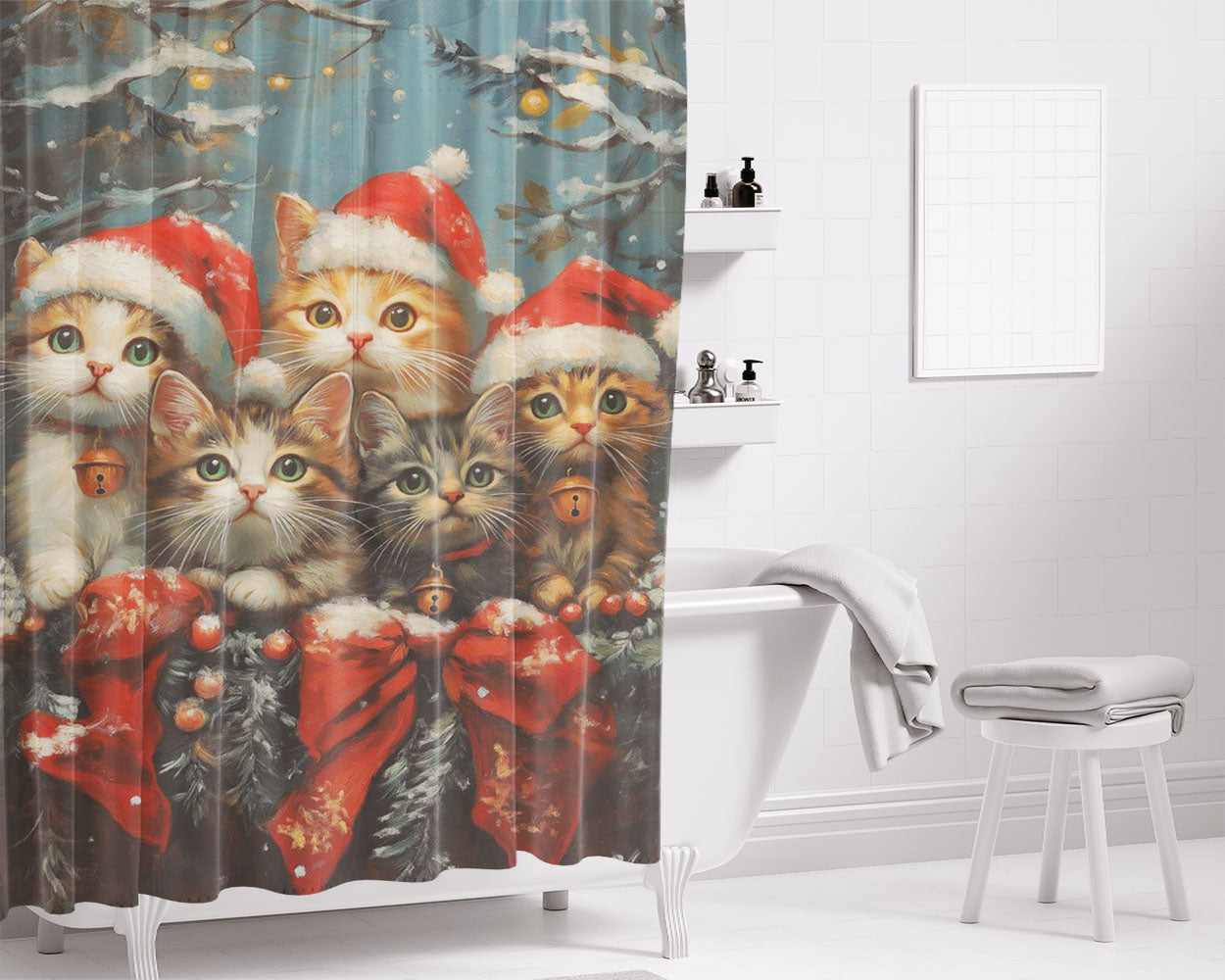 Christmas Santa Hat Kittens Bathroom Shower Curtain Fabric Waterproof | 66 X 72 Inch