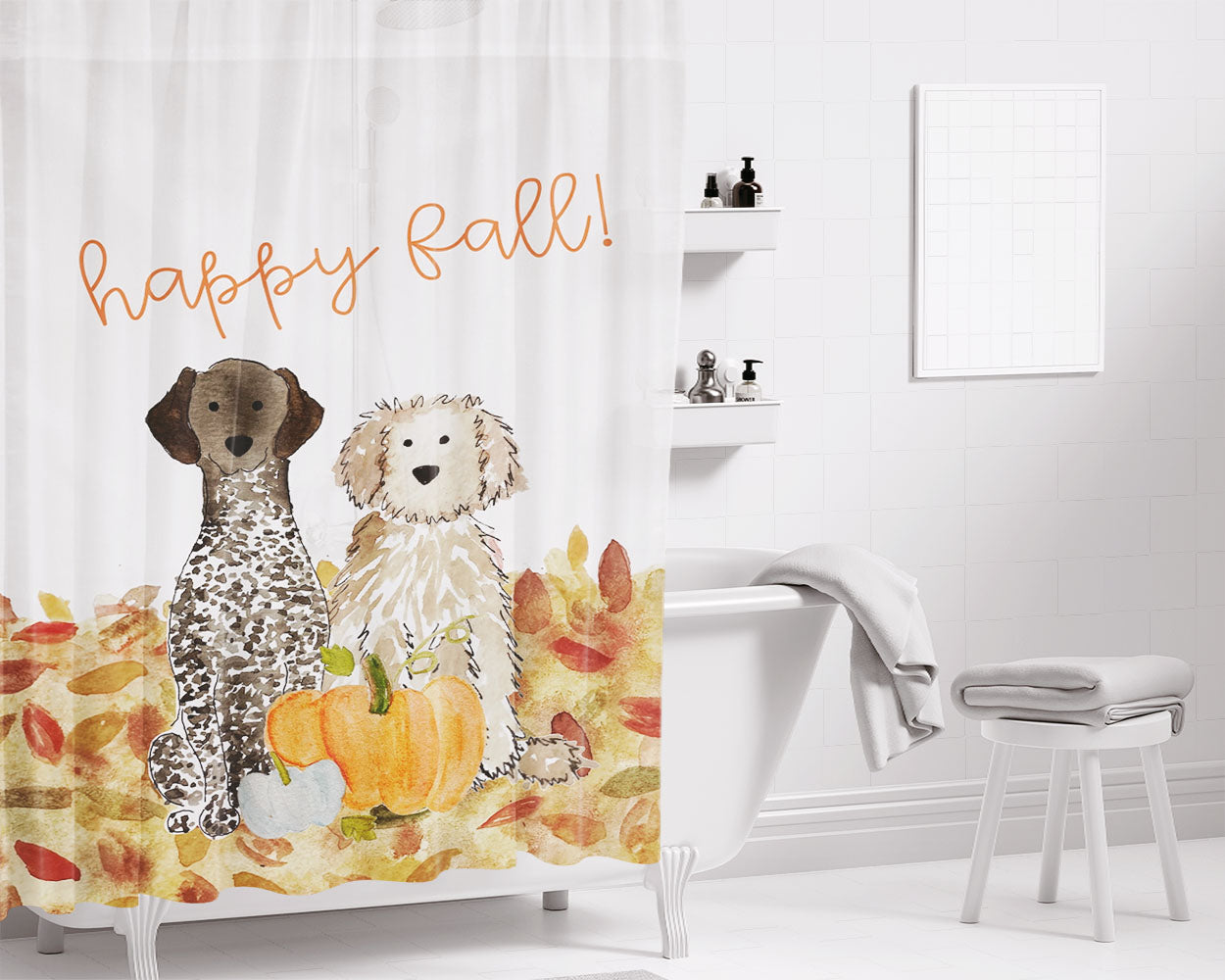 Fall Pumpkin Mix And Match Dog Breed Bathroom Shower Curtain Fabric Waterproof | 66 X 72 Inch