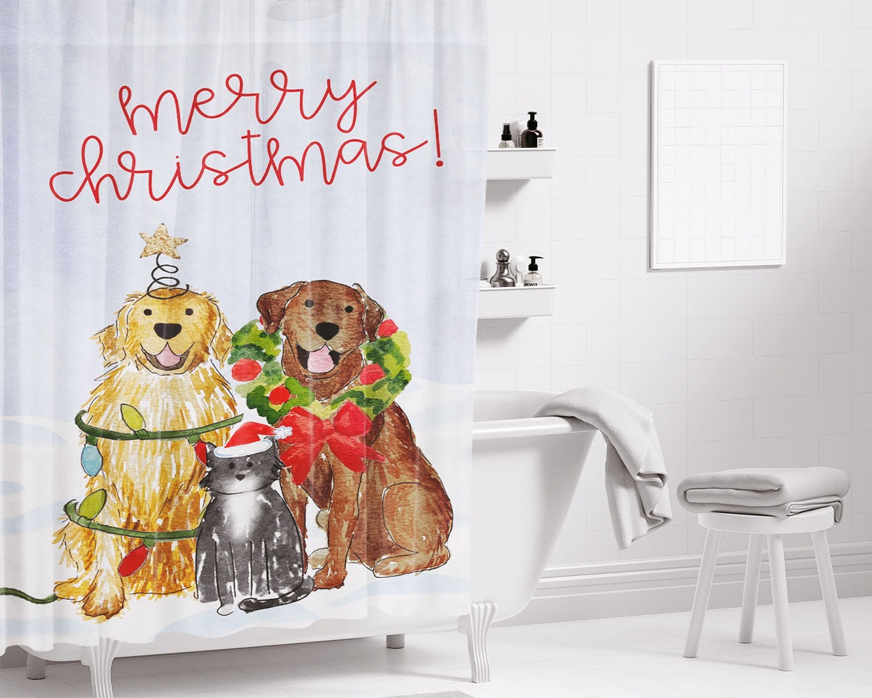 Festive Christmas Mix And Match Pet Bathroom Shower Curtain Fabric Waterproof | 66 X 72 Inch