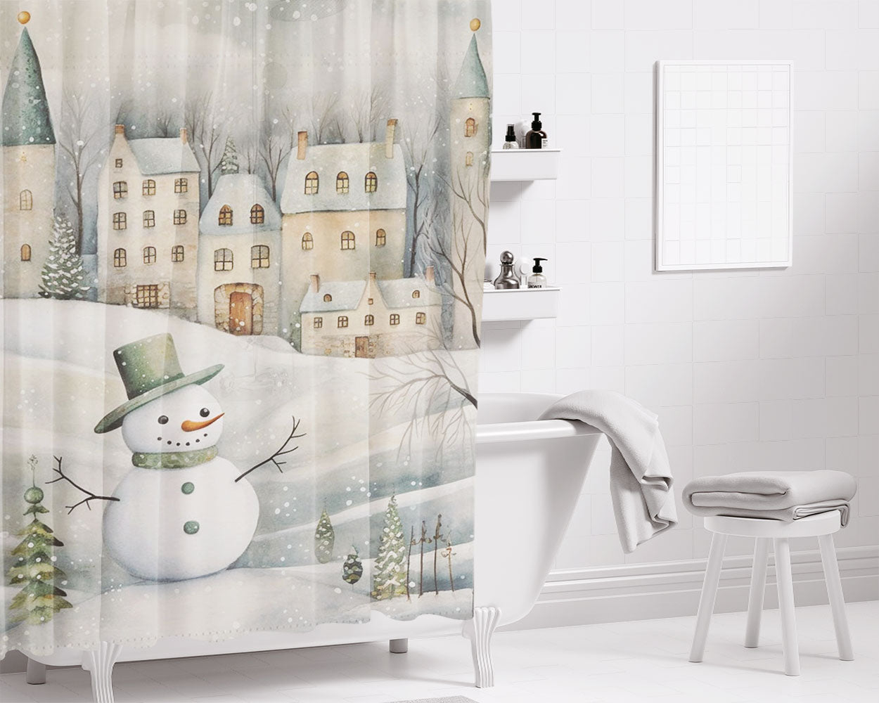 Folk Art Snowman Winter Village Bathroom Shower Curtain Fabric Waterproof | 66 X 72 Inch