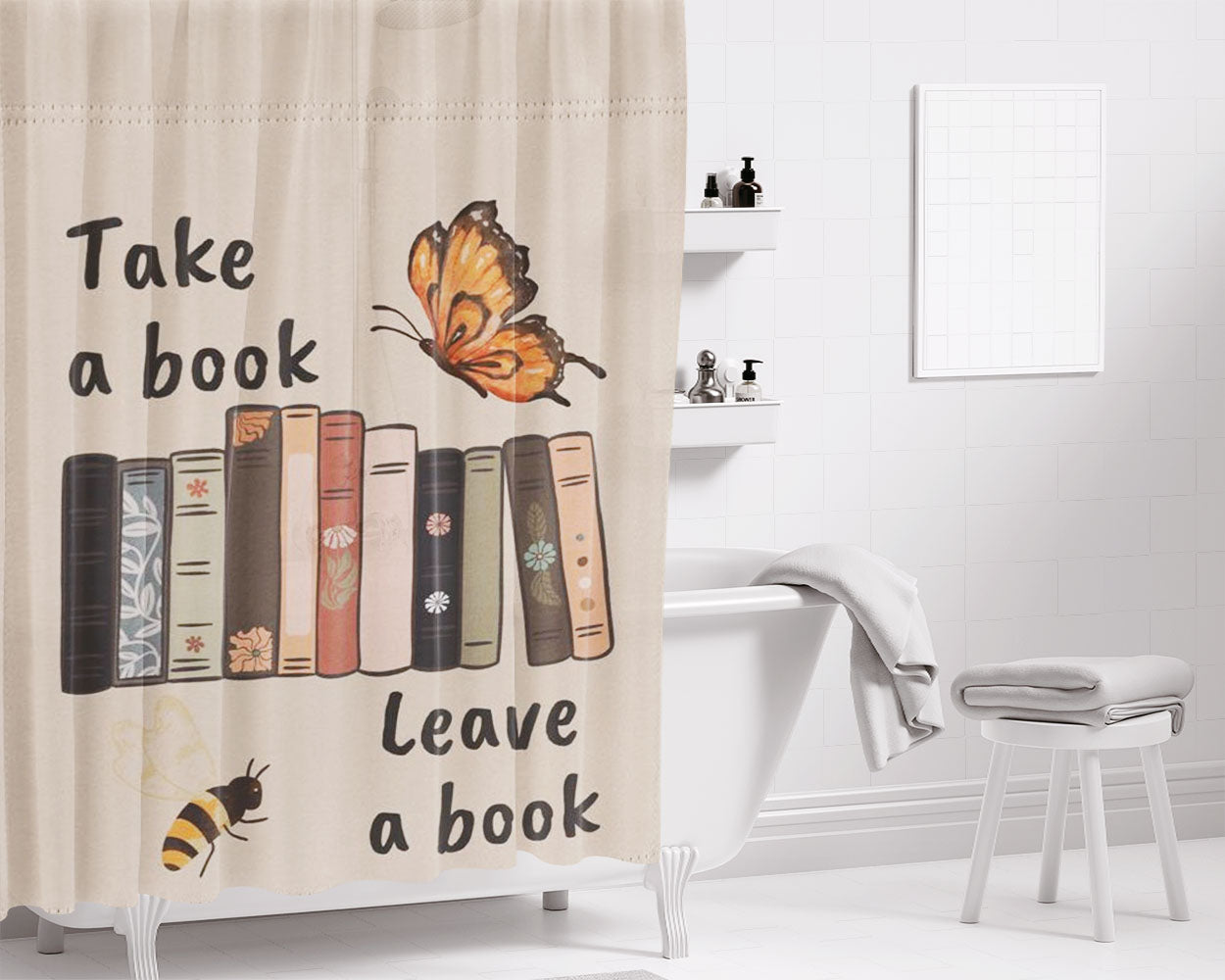 Free Library Bathroom Shower Curtain Fabric Waterproof | 66 X 72 Inch