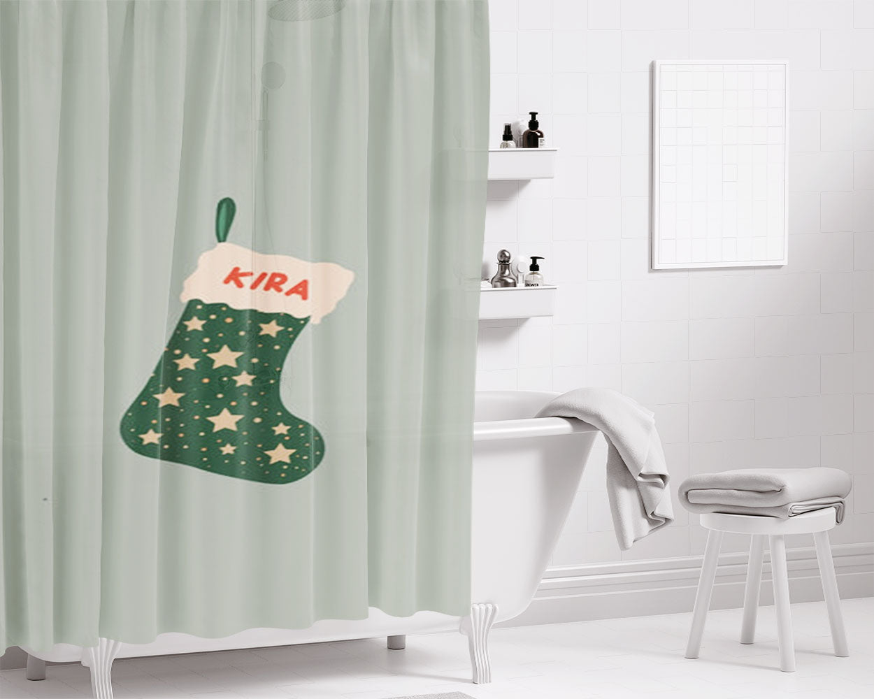 Green Stocking - Personalised Christmas Bathroom Shower Curtain Fabric Waterproof | 66 X 72 Inch