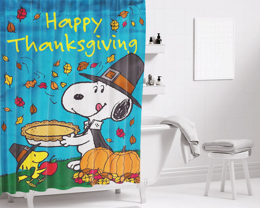 Happy Thanksgiving Snoopy Bathroom Shower Curtain Fabric Waterproof | 66 X 72 Inch