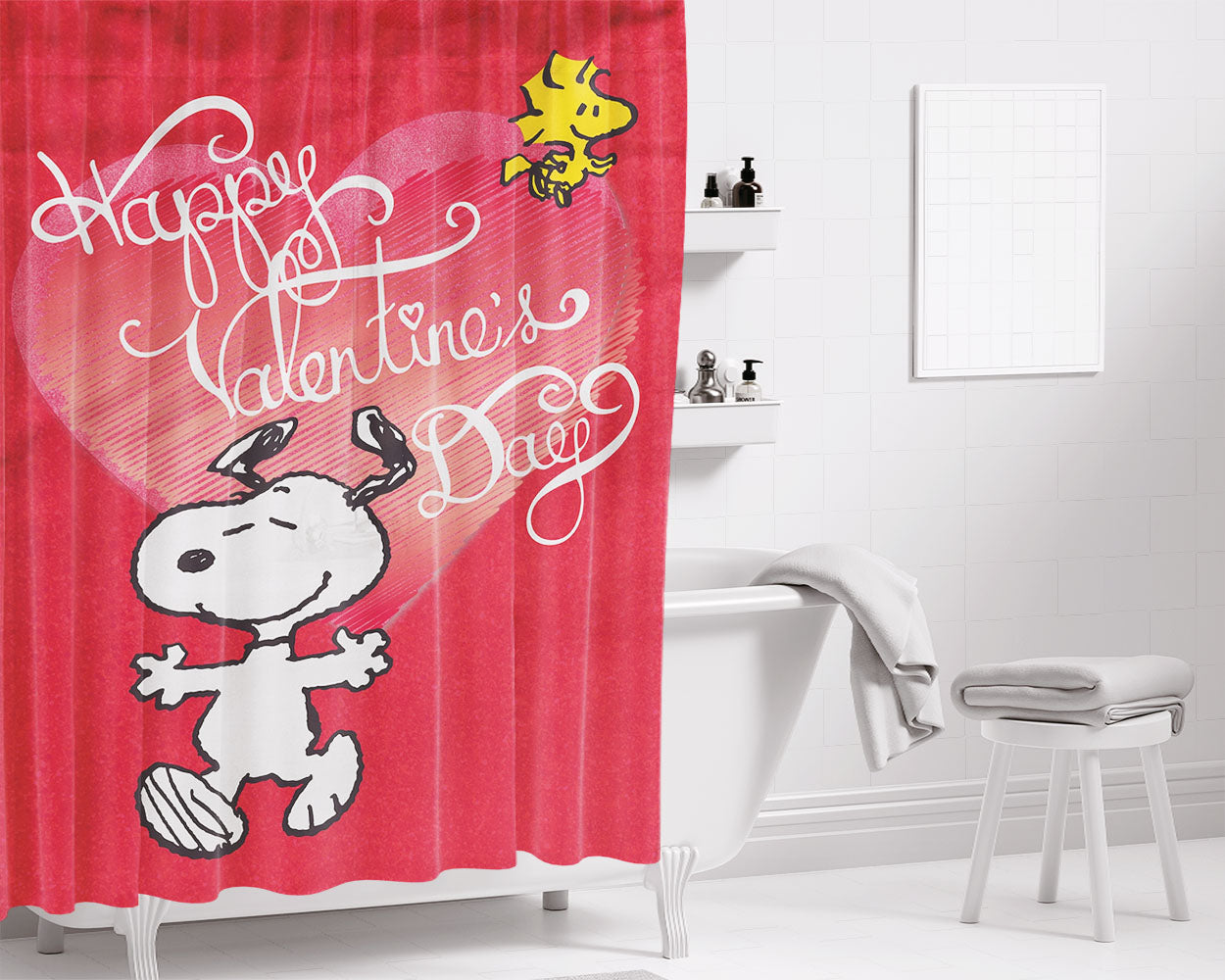Happy Valentine'S Day Snoopy Bathroom Shower Curtain Fabric Waterproof | 66 X 72 Inch