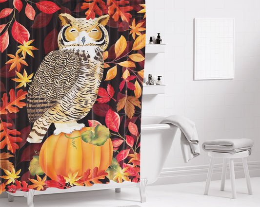 Harvest Owl Fall Bathroom Shower Curtain Fabric Waterproof | 66 X 72 Inch