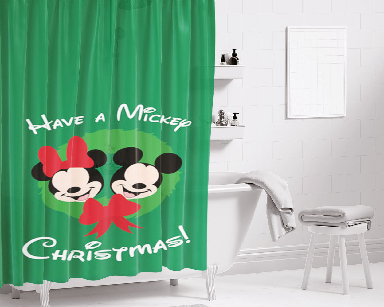 Have A Mickey Christmas Bathroom Shower Curtain Fabric Waterproof | 66 X 72 Inch